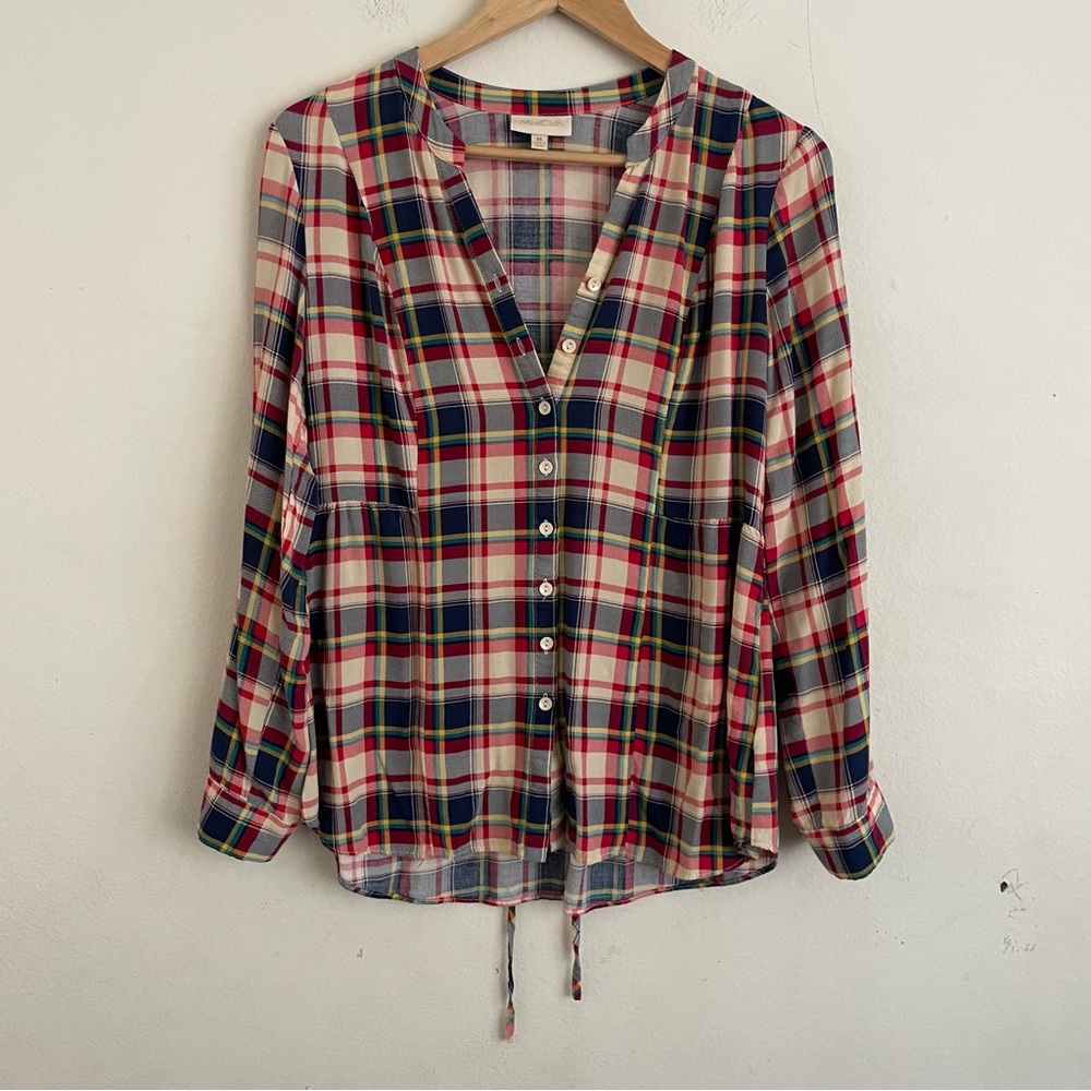 ModCloth Red Blue Plaid Button Down Babydoll Top Cinched Waist Size M